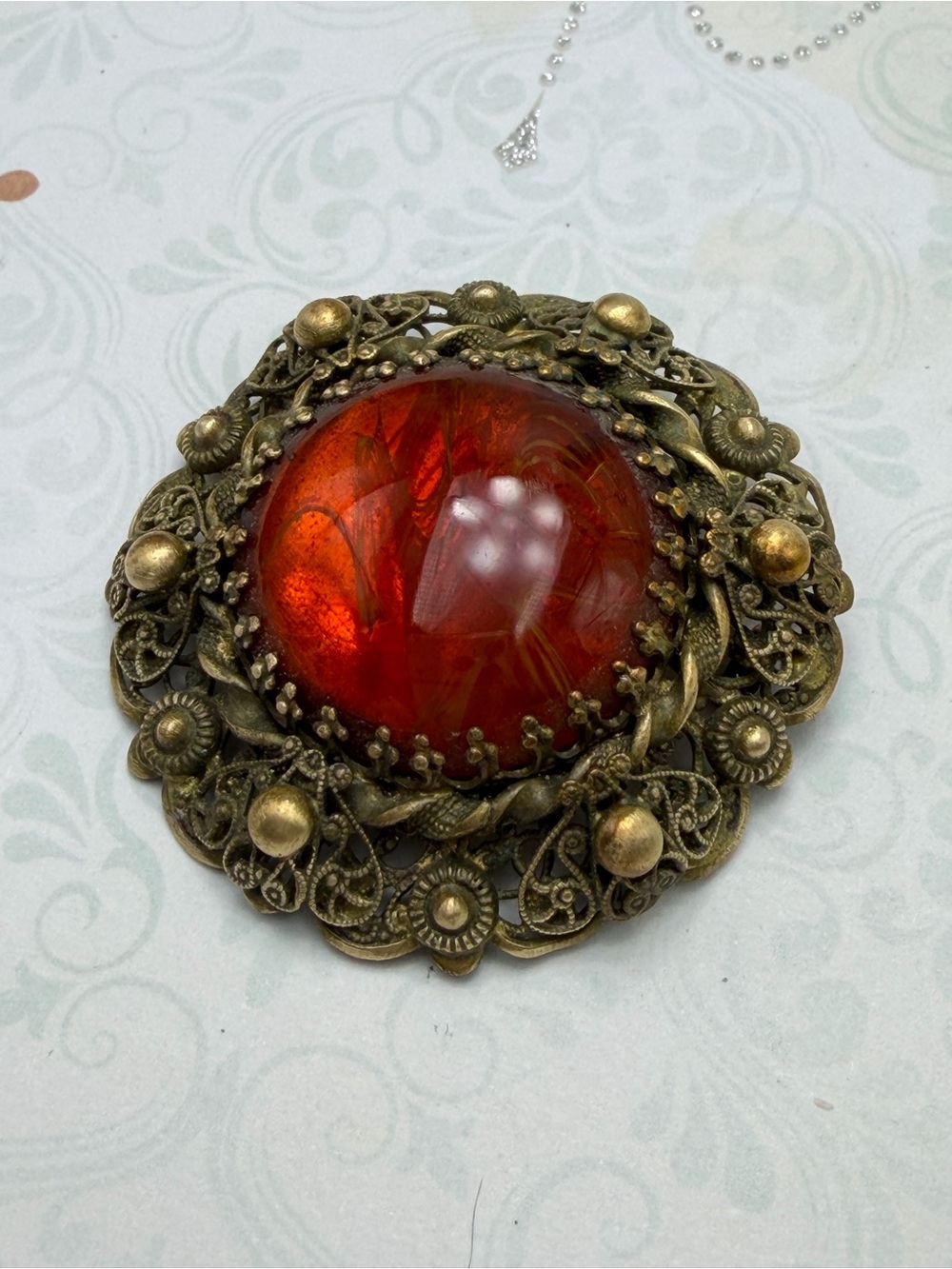 Vintage Czech Amber Glass Brooch #cz599